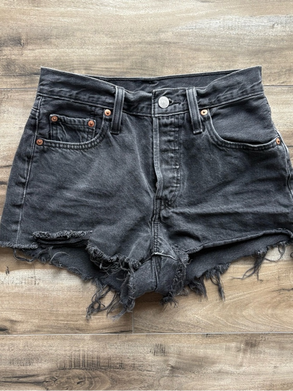 Levi 501 High-Rise Black Distressed Women's Button Fly Denim Shorts W25